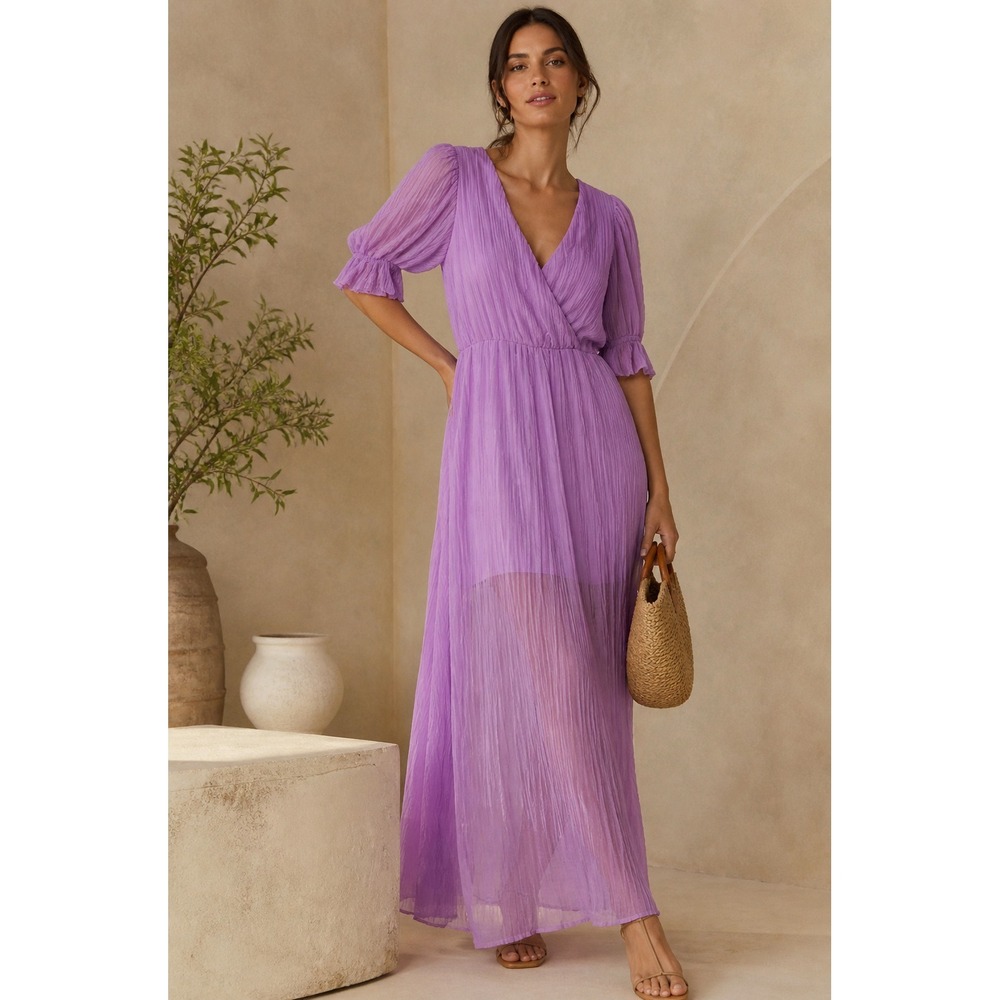 H&M Maxi Dress Women‎ Sz S Lavender Lightweight Faux Wrap Summer Romantic